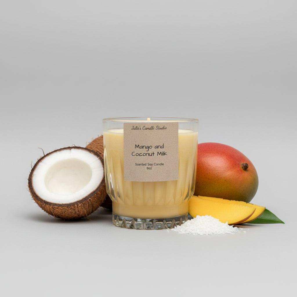 Coconut milk and mango scented 8oz soy wax candle