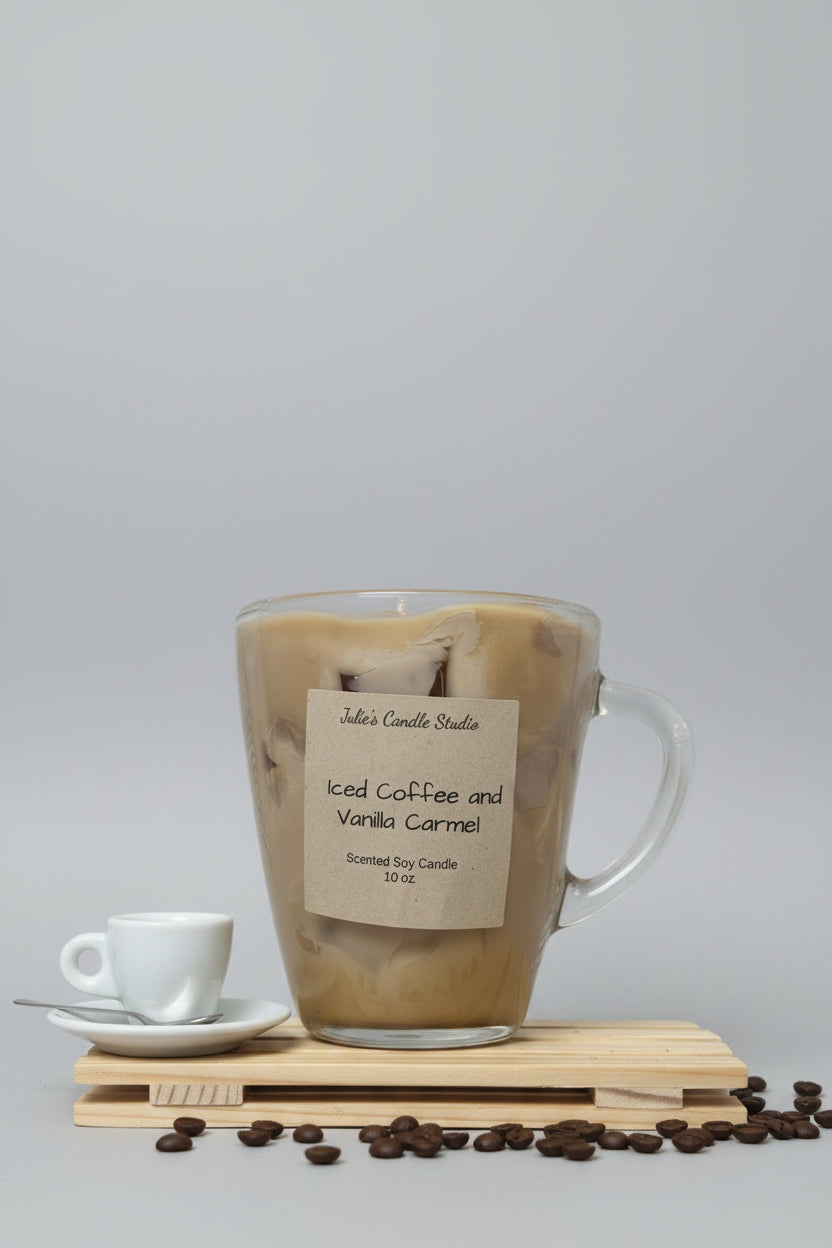 Iced coffee and Vanilla Carmel scented 10oz soy wax candle