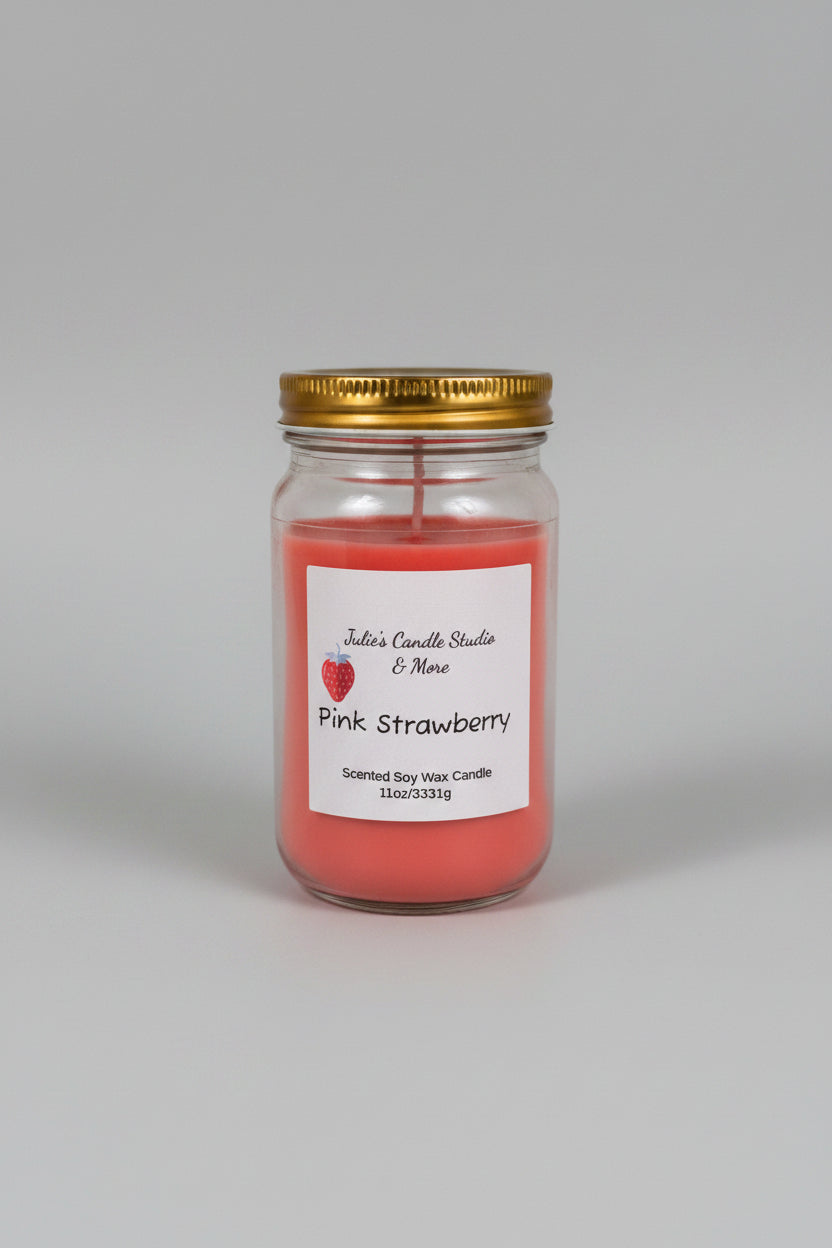 Pink strawberry scented 8 oz candle, homemade, soy wax, gift giving