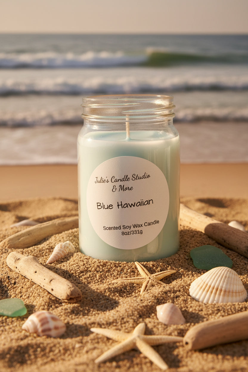 Blue Hawaiian scented 8oz soy wax candle,