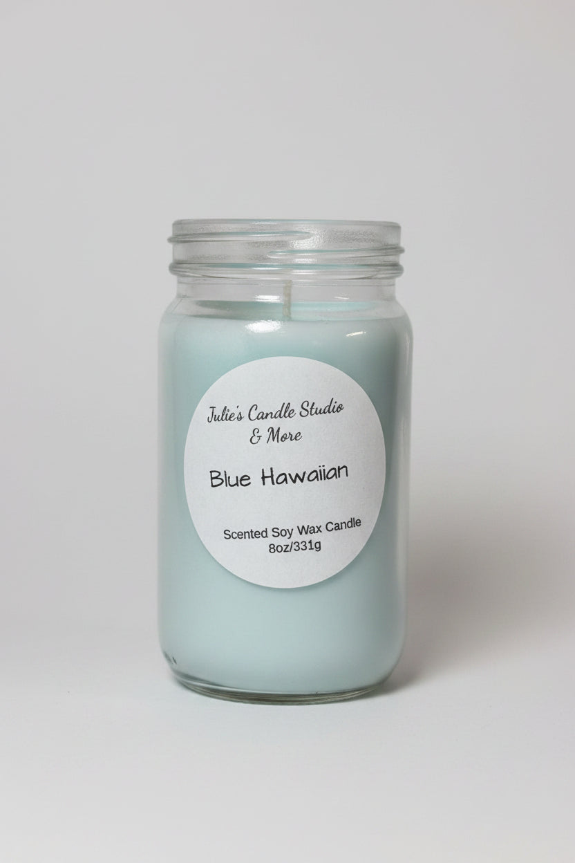 Blue Hawaiian scented 8oz soy wax candle,